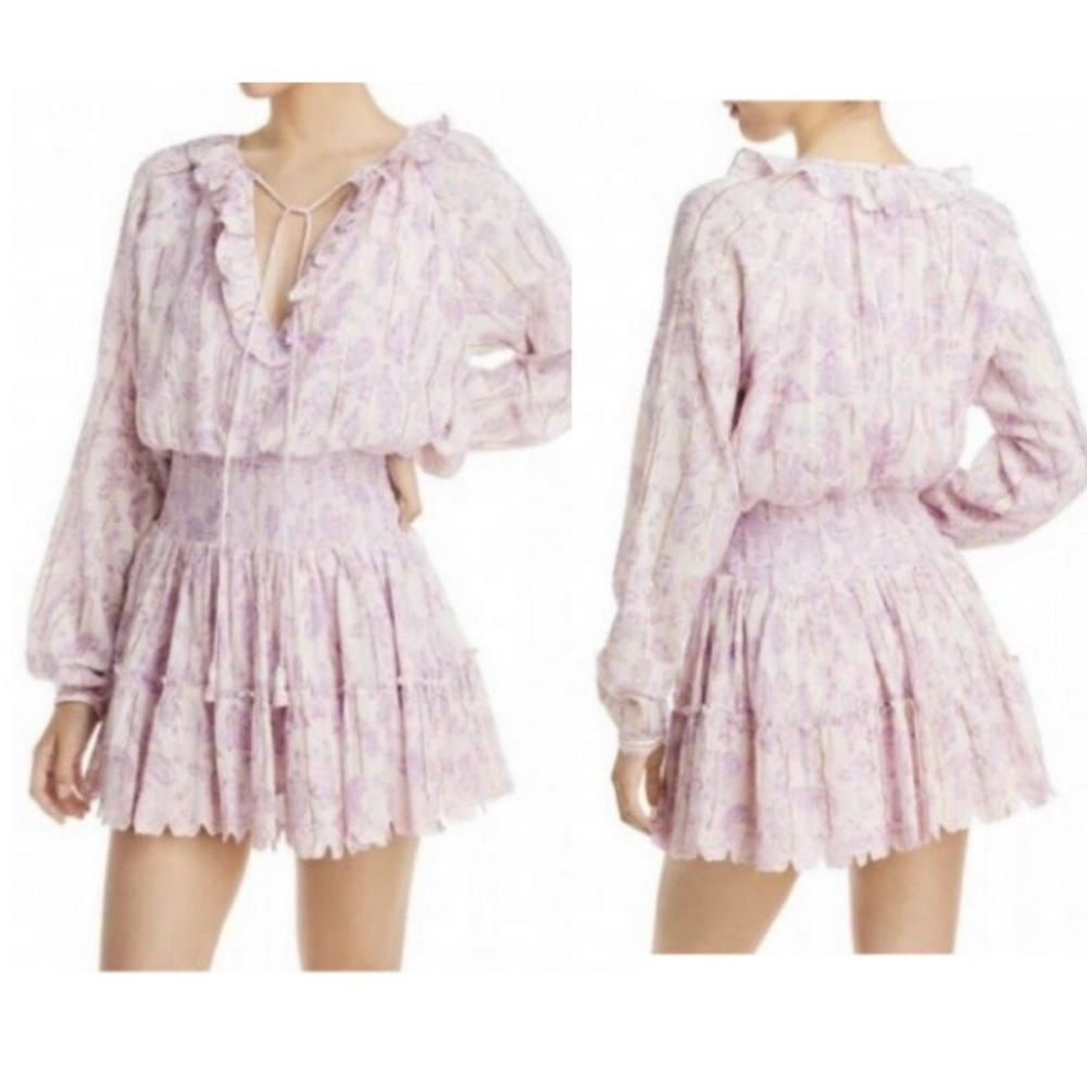 House of Harlow 1960 Bohemian Mini Dress Balloon Sleeves Smocked Ruffle